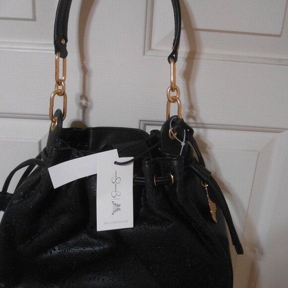NEW BLK JESSICA SIMPSON HOLLIS HOBO FAUX LEATHER PURSE BAG GOLD BUTTERFLY CHARM - Picture 2 of 15